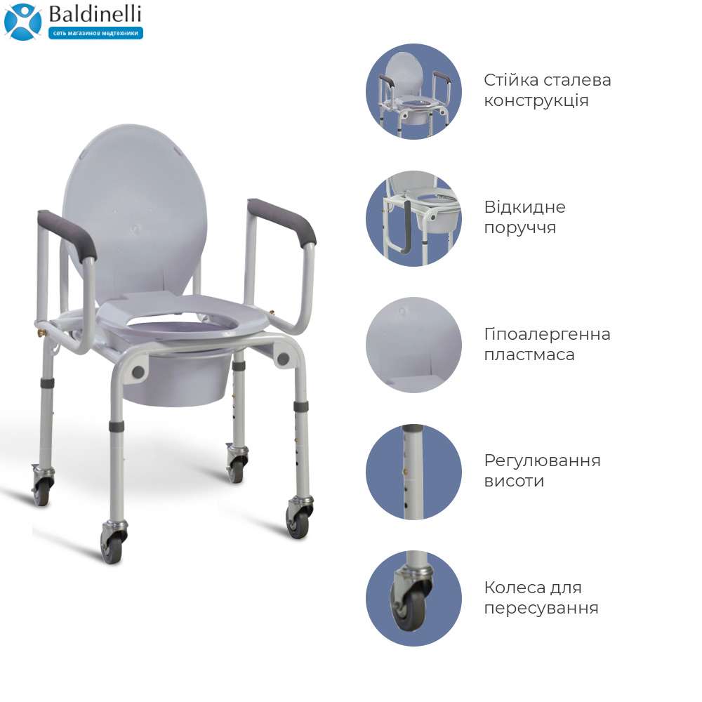 Сталевий стілець-туалет на колесах з відкидним поруччям OSD-2107D